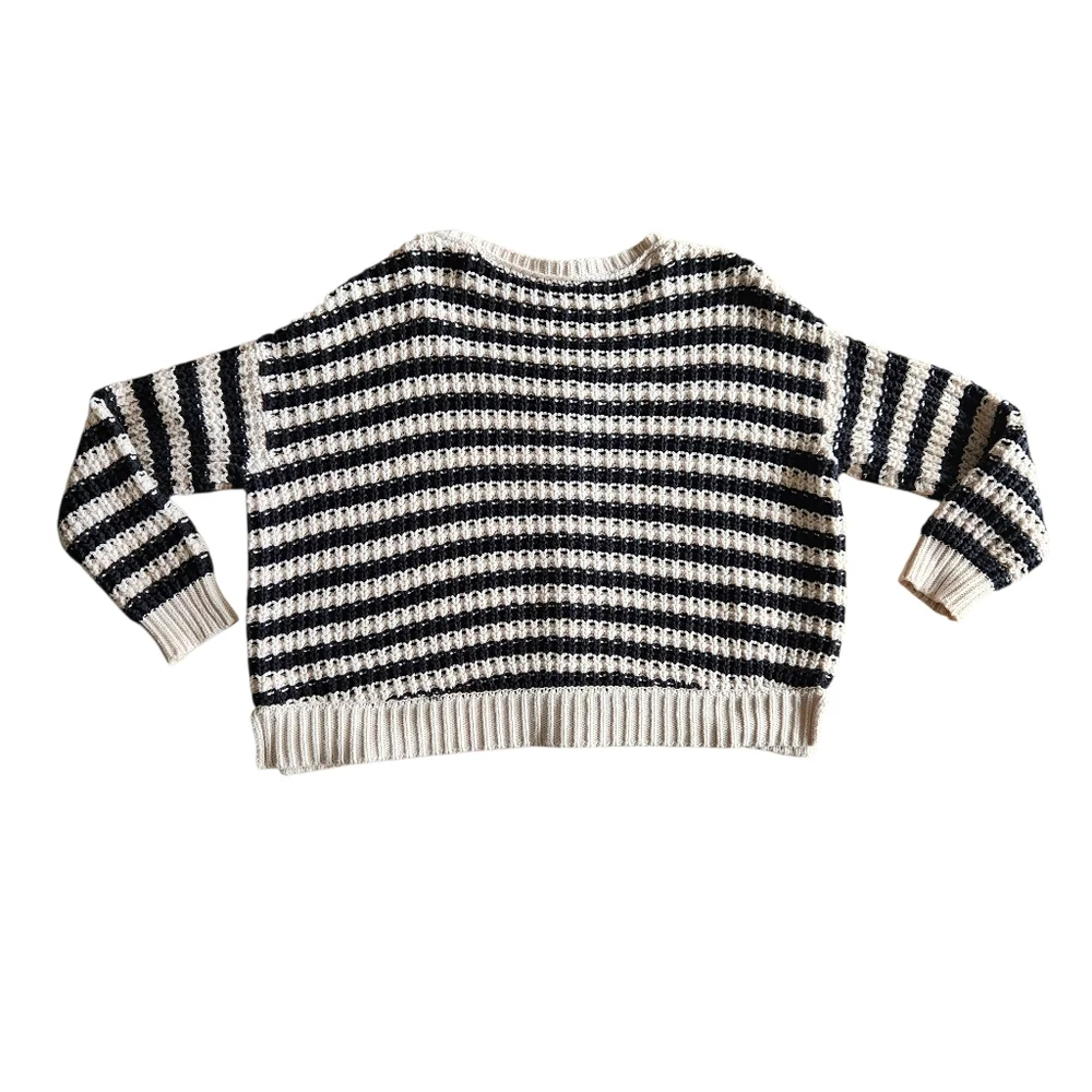 Free People At The Beach  Long Sleeve Cotton Pullover Sweater Ivory/Black Sz Med